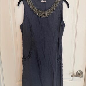 Linen Elegant Navy Sleeveless Mini Dress Embellished